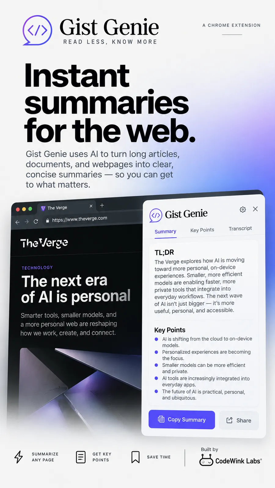Gist Genie, a Chrome extension by CodeWink Labs: instant AI summaries of any web page
